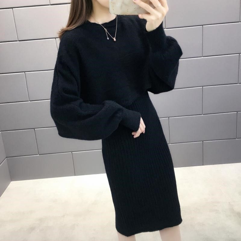 Simple Plush Vest Round Neck Bedford Cord Sweater High Waist Skirt Knitting Suit Women