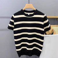 Striped Knitted Round Neck Short Sleeve
