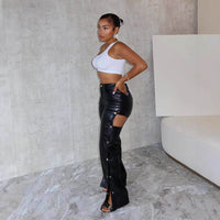 Fashion Sexy High Waist Slimming And Straight Hollow Leather Pants