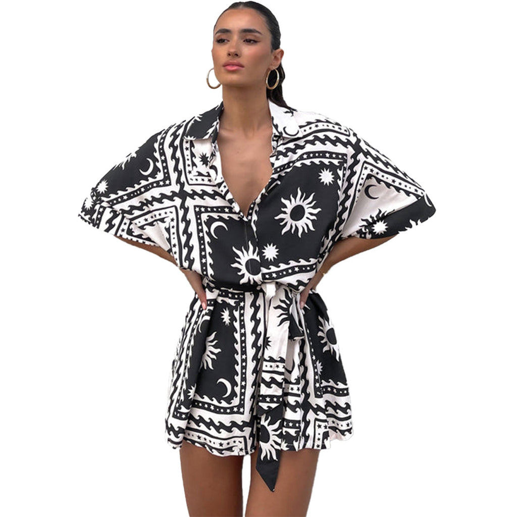 Summer New Women's Waist-controlled Lace-up Geometric Printed Jumpsuit