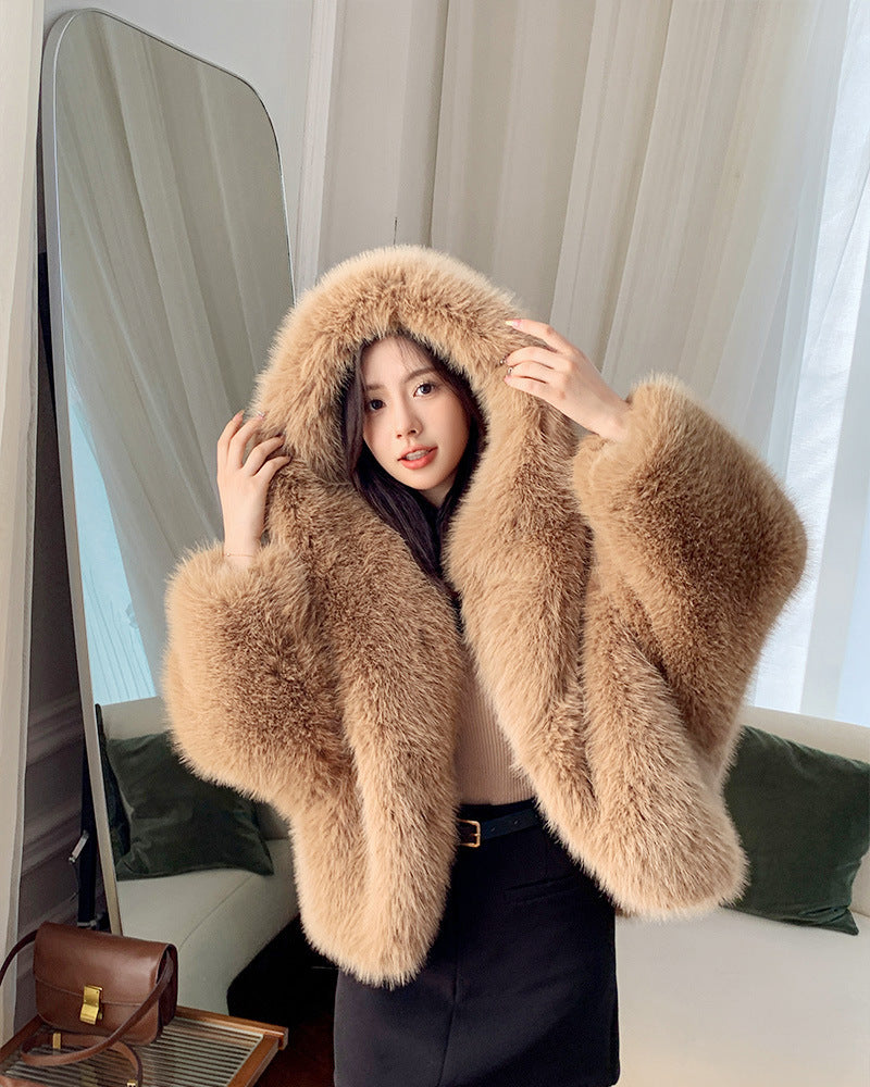 Women's Green Fur Faux Fox Fur Hooded Coat