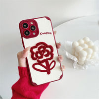 Vintage Wine Red Embroidered Camellia Flower Plush Mobile Phone Case
