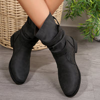 Retro Distressed Barrel Boots With Metal Buckles And Stitched Detailing Mid Calf Length