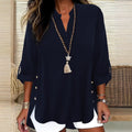 Plus-size Solid-color V-neck Top Springautumn Long-sleeve Relaxed-fit Button-up Elegant Shirt
