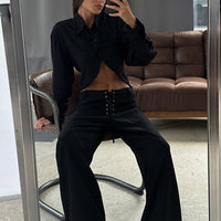 Lapel Long Sleeves Cropped White Shirt Hollow Out Tied Wide Leg Pants Two-piece Set