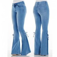 Mid Waist Lace Up Denim Trousers Stretch Jeans Women's Flared Pants