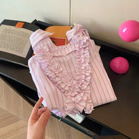 Three-dimensional Edge V-neck Striped Blouse Womens French-style Sweet And Loose-fit