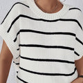 Striped Wool Round Neck Contrast Drop Shoulder Sweater With Short Sleeves