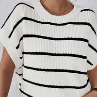 Striped Wool Round Neck Contrast Drop Shoulder Sweater With Short Sleeves
