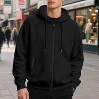 Men's Fleece-lined Loose Drawstring Hooded Zip-up Sweater