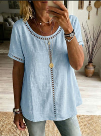 Women's Spring Summer Comfortable Casual Patchwork Hollowed-Out Trim Top T-Shirt
