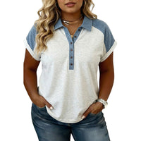 Turn-down Collar T-Shirt Womens Simple Color-Block Set-in Sleeve Top