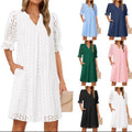 SpringSummer V Neck Pleated Collar Hollow Out Floral Lace Dress