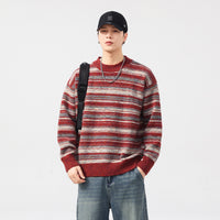 Male Loose Fit Retro Knitwear Crew-neck Striped Sweater