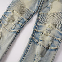 Hand Frayed Beggar Style Distressed Slim Stretch American Men's Jeans