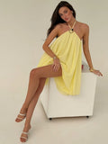 Women's Summer New Solid Color Metal Decorated Backless Sexy Strap Mini Dress Suitable For Going Out And Dating