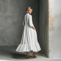 New Style Western-style Casual Cotton-Linen Resort Half-Open Collar Dress
