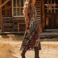 Retro Bohemian Print V-neck Slip Dress
