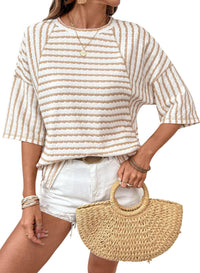 Casual Loose-fit Striped Crewneck Color-block Short-sleeve T-shirt