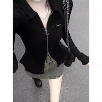 Black Long-sleeve Zipper Cardigan Slim Fit Sun Protection Top