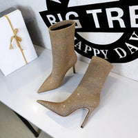 Shining Fabric Thin Skinnys Women's Stiletto High Heel Stretch Ankle Boots