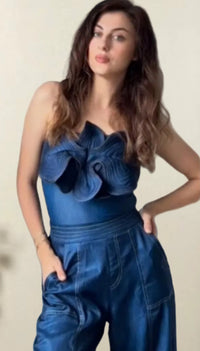 Slim-fit Women's Off-shoulder Blue Denim Flower Jumpsuit