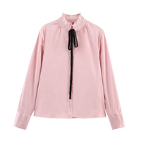 Satin Chiffon Flounce Trim Lace Up Long Sleeve Shirt