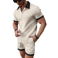 Mens Casual Color-Block Short-Sleeve Shirt And Shorts Beach Set