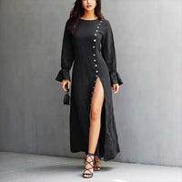 Womens Long-Sleeve Casual Cotton-Linen Slit Dress With Buttons