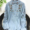 Japanese Mori Girl Washed Handmade Vintage Embroidery Cotton Denim Shirt