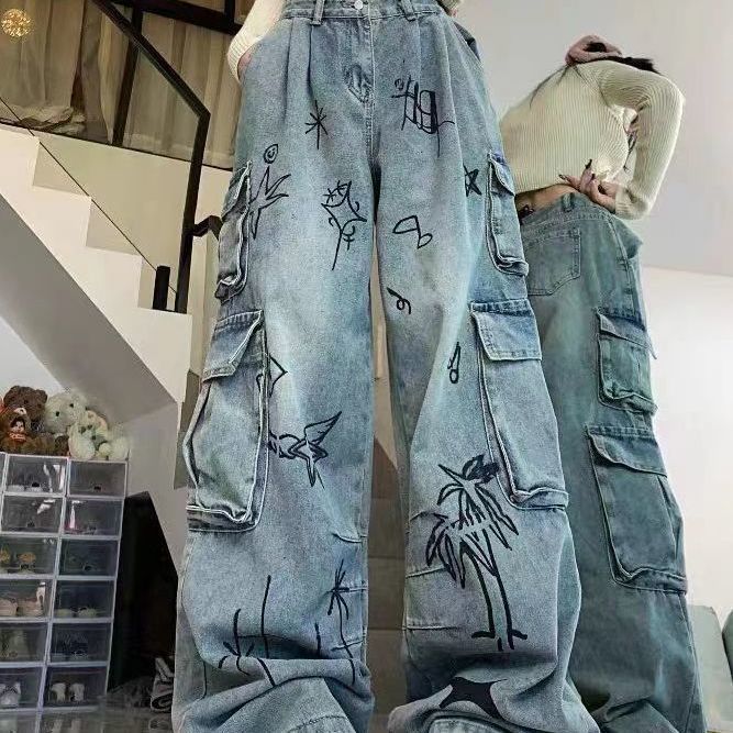 Retro Cartoon Graffiti Loose Denim Trousers Women