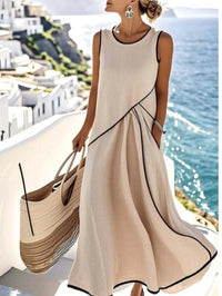 Euro-American Style Crew-Neck Sleeveless Contrasting-Color Loose Slimming Cross-Over Dress