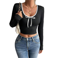 Women's Fashion Simple Style Versatile T-shirt AutumnWinter EuropeanAmerican Slim Fit Short Sexy Color Block Top