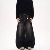 Retro Washed Cat Beard Design Black Machete Jeans