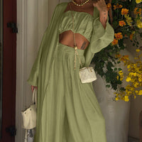 Sage Green 3-Piece Loungewear Set - Crop Top, Kimono Cardigan & Wide Leg Pants