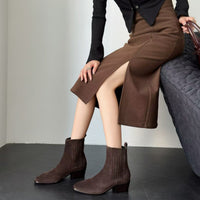Womens Early Autumn French-Style Ankle Boots In Genuine Leather With A Square Toe And Chunky Mid Heel