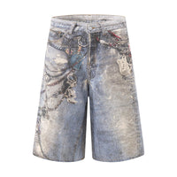 3D Digital Printed Chain Denim Shorts