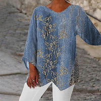 T-shirt Casual Loose And Irregular Printed Long Sleeve V-neck Top