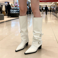 Women's Niche-design Leather-buckle High-rise Riding Boots