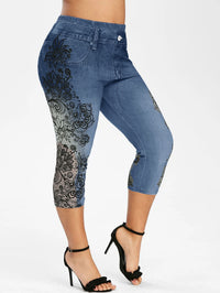 Mid-rise Printed Faux Denim Skinny Cropped Pants
