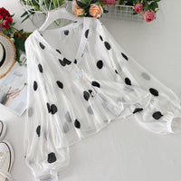 V-neck Pleated Polka Dot Sun Protection Shirt For Women