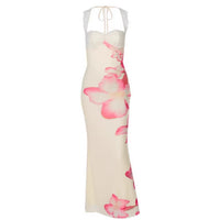 Womens Floral Print Off-Shoulder Lace-Patchwork Strap Backless Dress