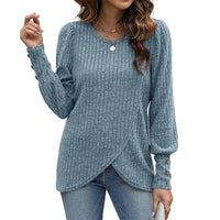 European And American Soft Bubble Long Sleeve Shirt Solid Color Round Neck Crossover Tops Women's Clothing