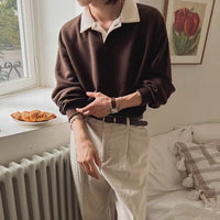 Mens Retro Color-Block Lapel Hoodie  Versatile Long-Sleeve Top