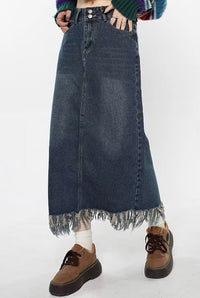 Plus Size Tassel Half-length Denim Women's Hong Kong Style Autumn High Waist Slimming A- Line Long Overknee Skirt