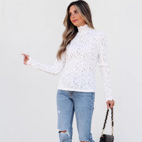 Womens Fashionable Lace Long-Sleeve Solid-Color Pullover Turtleneck Base Layer Shirt
