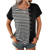 Women's Loose-Fit Striped Contrast-Color Short-Sleeve Pullover T-Shirt