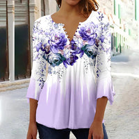 Women's Floral Printed 34 Sleeves V-neck Buttons Shirt
