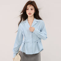New Blue French-style Suit-collar Shirt With A Tie Waist And Long Sleeves