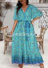 Women's Retro Printed V-Neck Long Dress Women's Pullover
